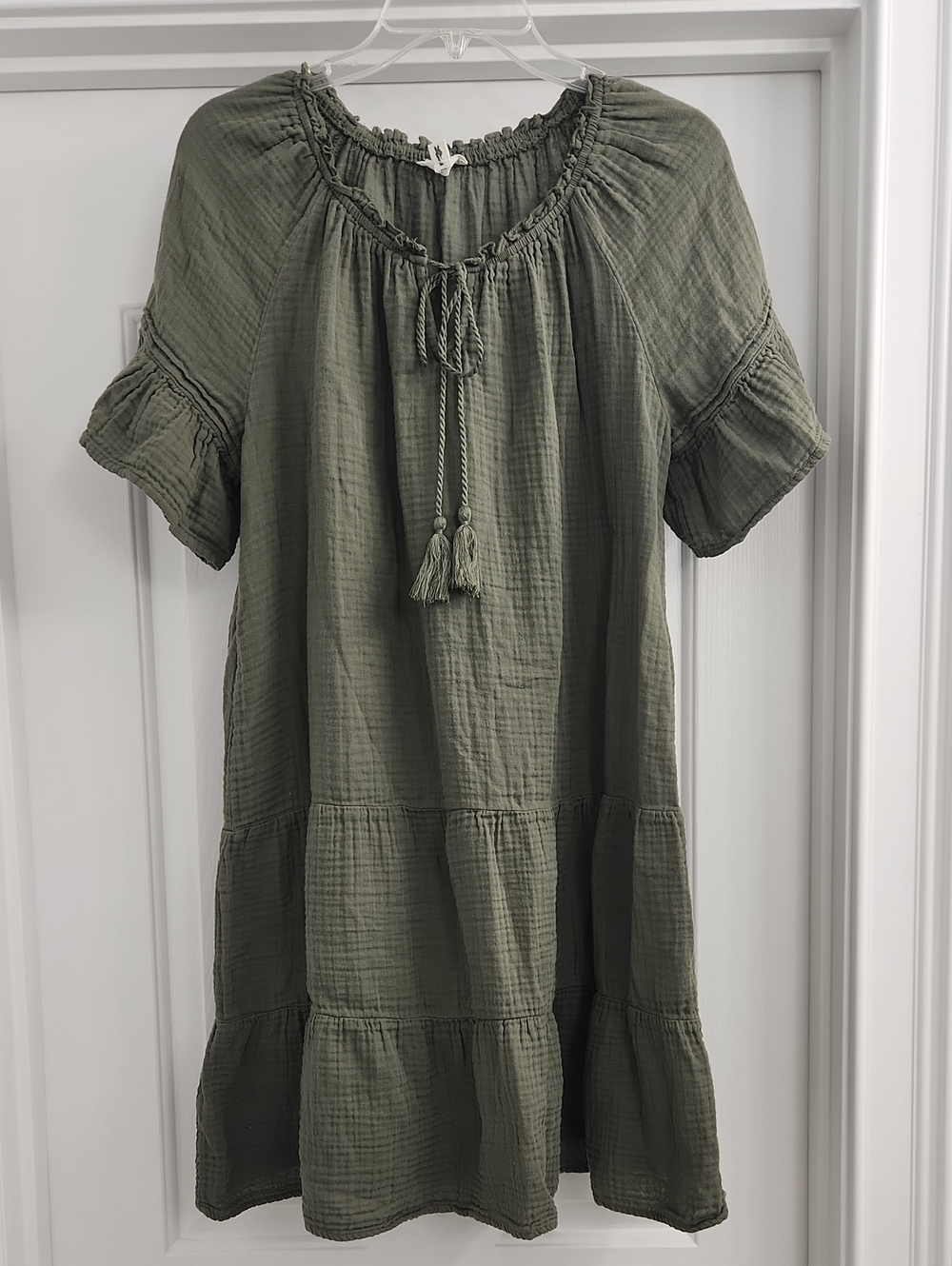 EARTHBOUND Olive Tiered Tassel Neck Midi Dress